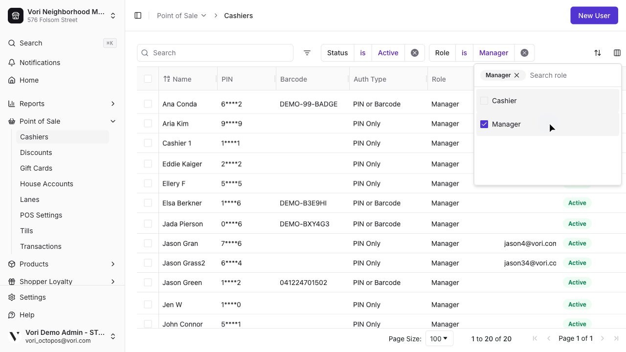Grid filtered to show only employees with the Manager role