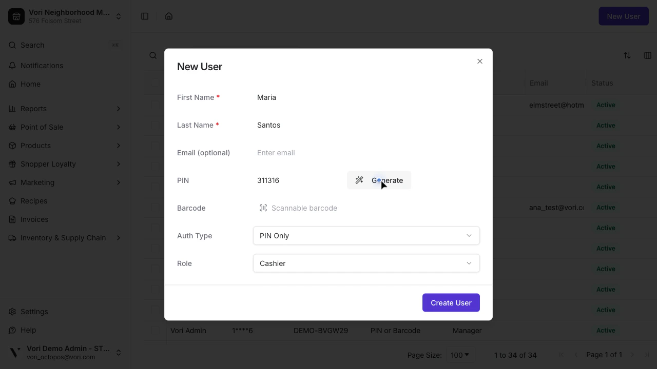 New User form filled with a name and generated PIN