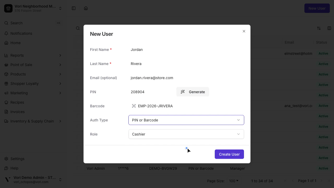 New User form with barcode entered and PIN or Barcode auth type selected