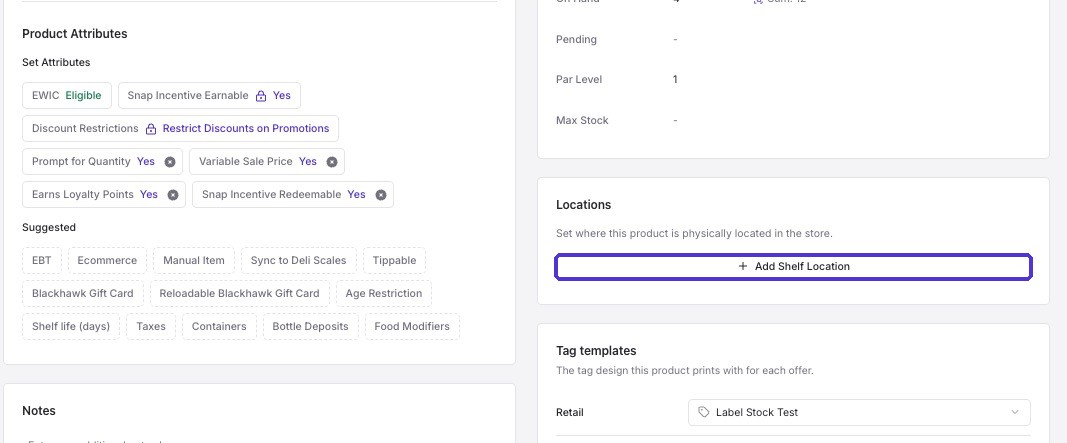 Locations section on a product's details page with the Add Shelf Location button highlighted