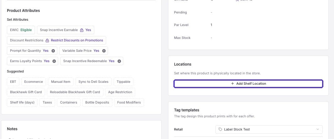 Locations section on a product's details page with the Add Shelf Location button highlighted