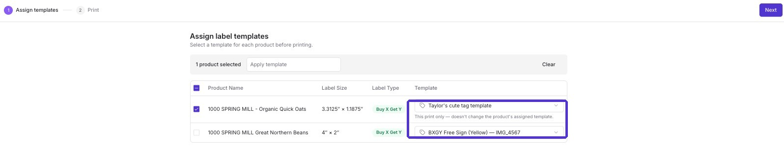 Assign label templates step listing each product in the promotion with its template