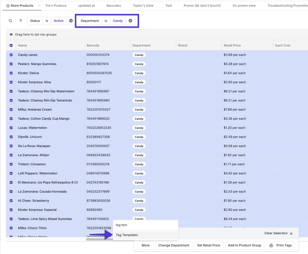 Product list filtered by Department, with the Tag Templates bulk action highlighted