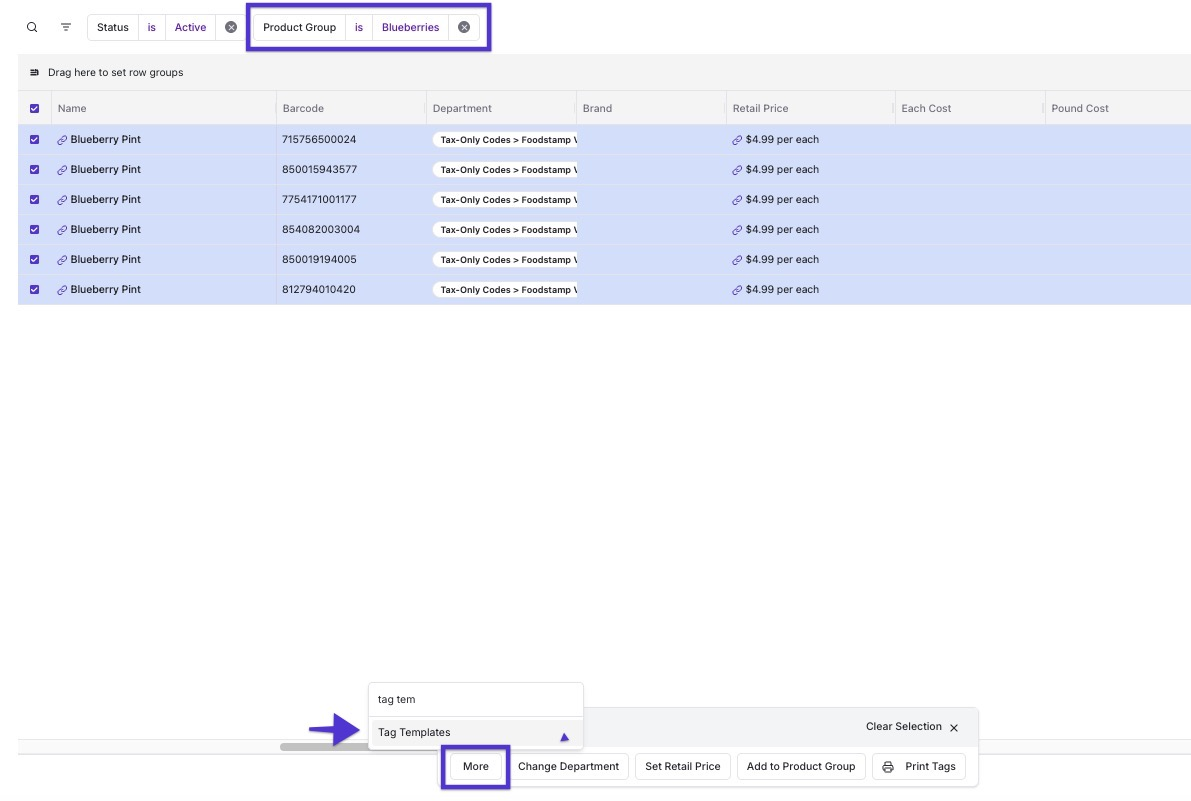 Product list filtered by Product Group, with products selected and the More bulk action highlighted