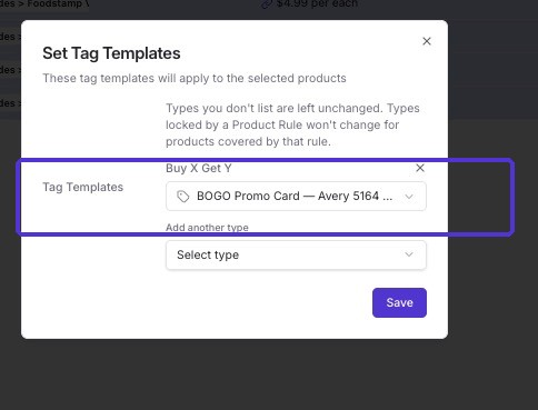 Set Tag Templates modal with a template chosen for the Buy X Get Y offer type