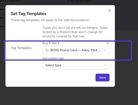 Set Tag Templates modal with a template chosen for the Buy X Get Y offer type
