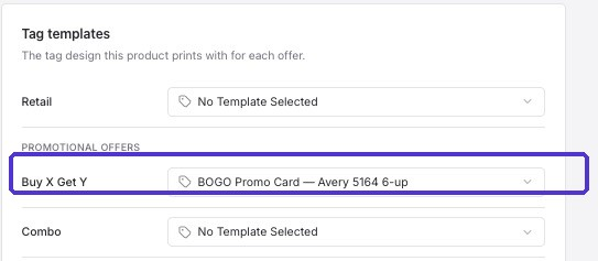 Tag templates section with a template assigned to the Buy X Get Y offer type
