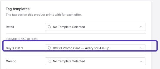 Tag templates section with a template assigned to the Buy X Get Y offer type