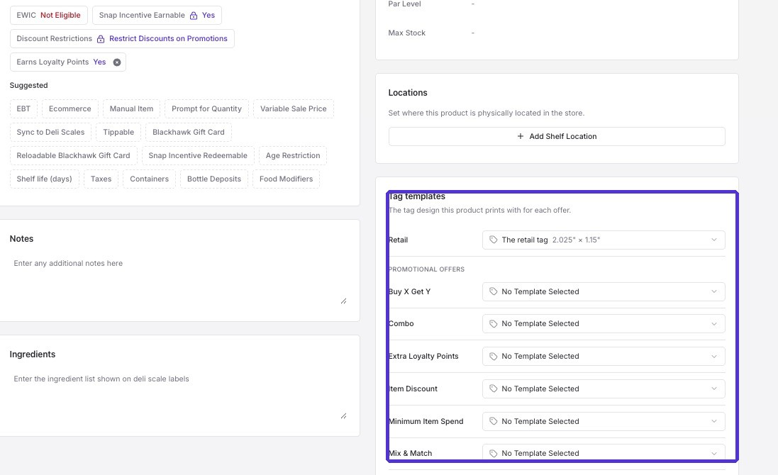 Tag templates section on a product's details page, listing Retail and every promotional offer type