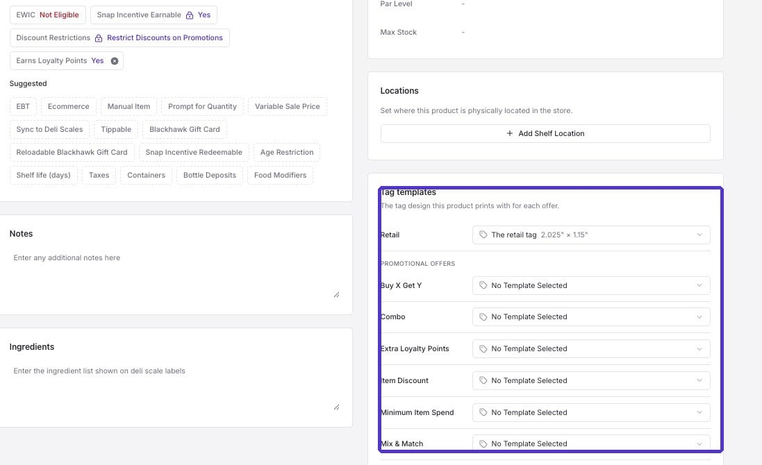 Tag templates section on a product's details page, listing Retail and every promotional offer type