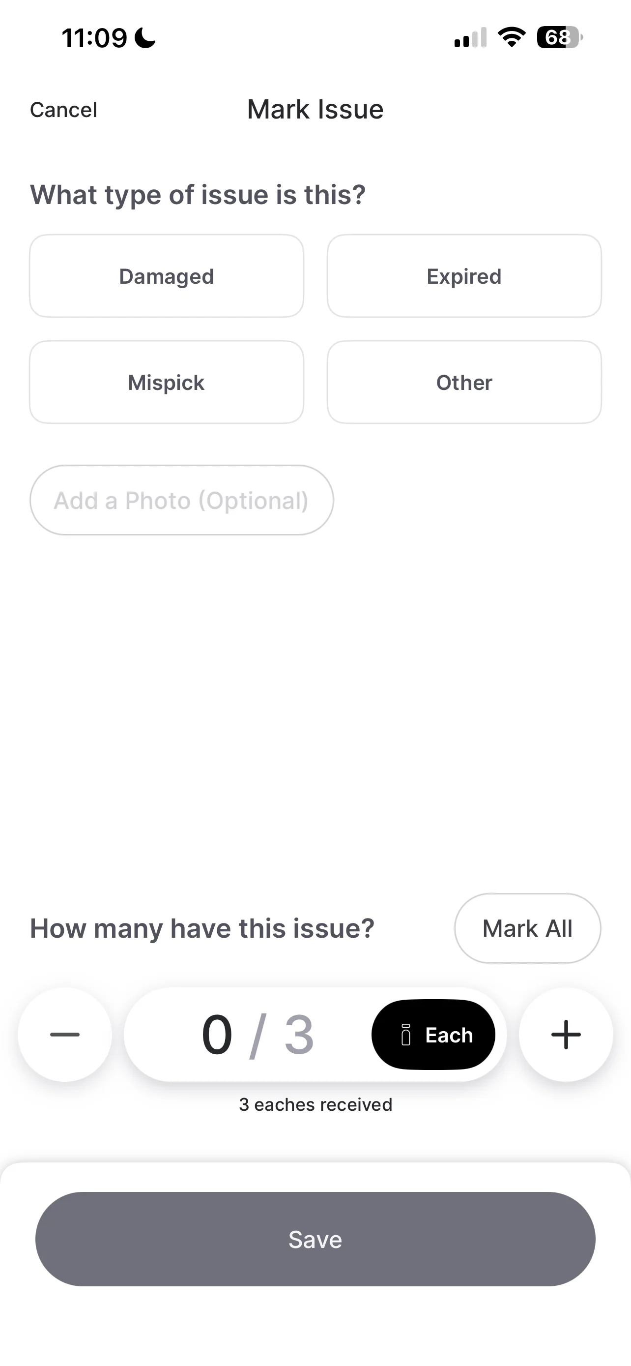 Mark Issue screen with issue type options: Damaged, Expired, Mispick, and Other