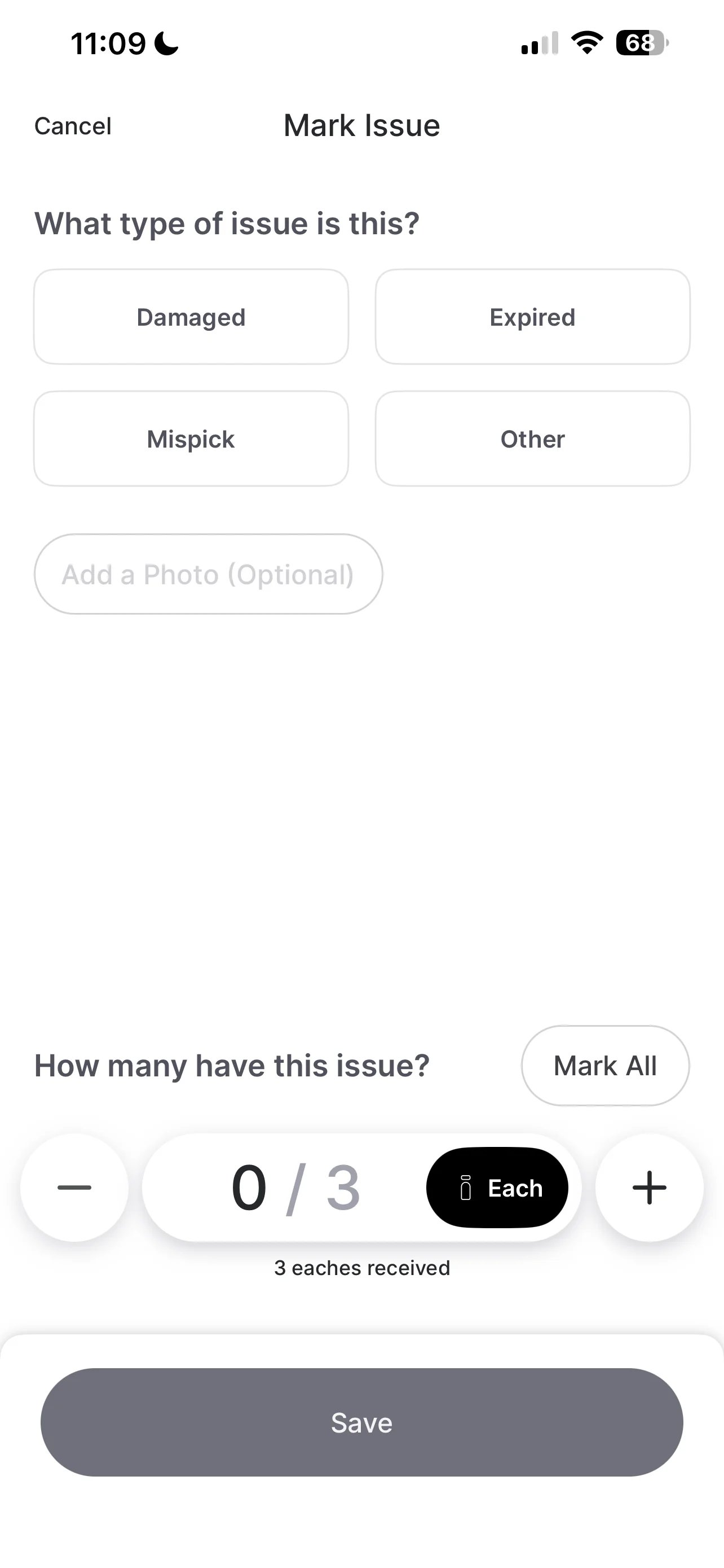 Mark Issue screen with issue type options: Damaged, Expired, Mispick, and Other