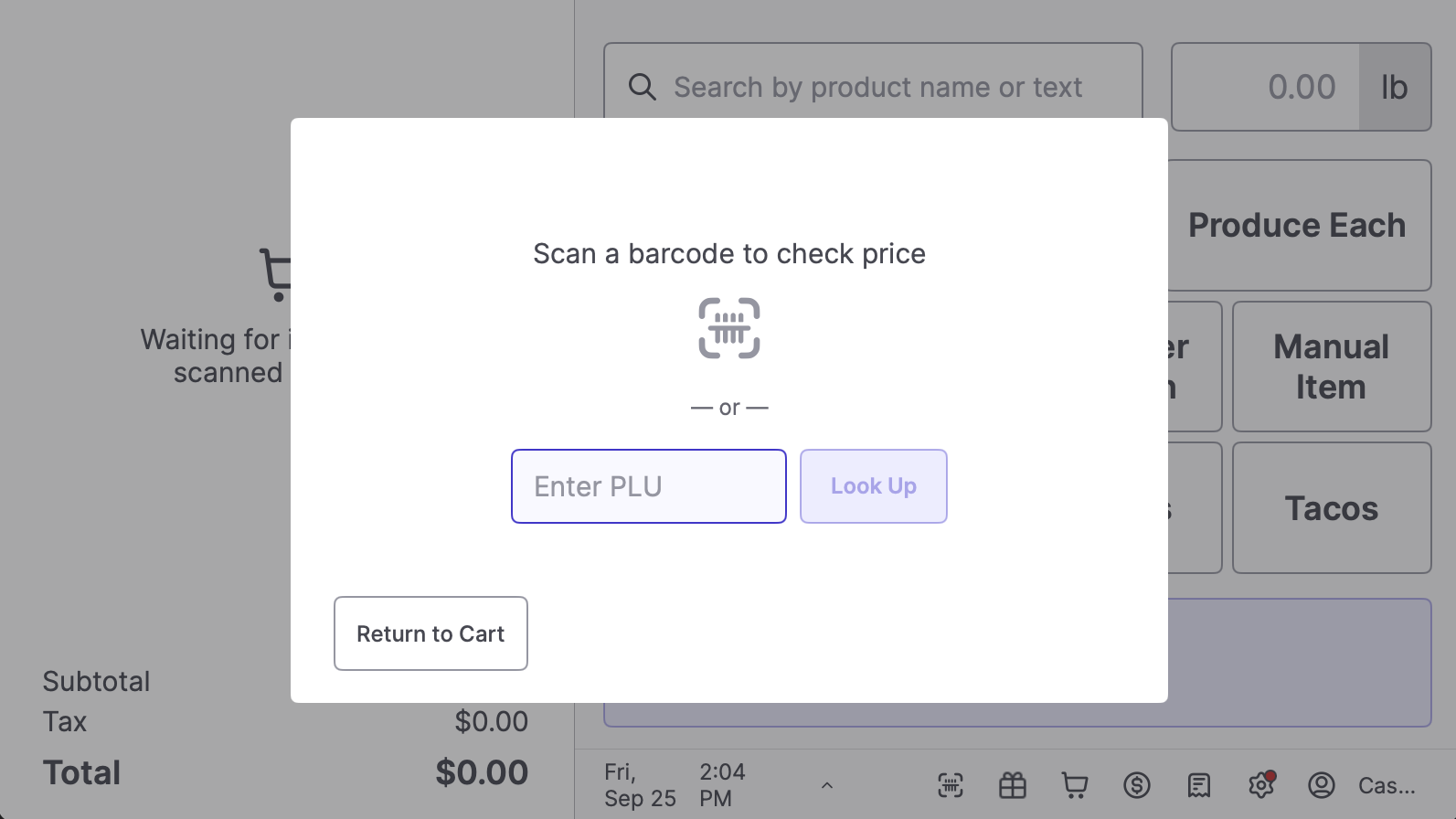 Price Check screen with barcode scan prompt and PLU entry field