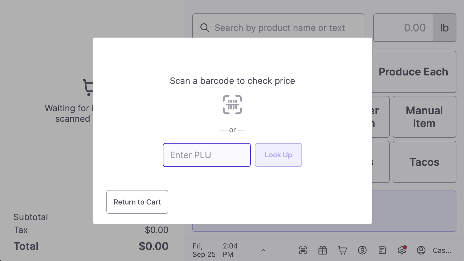 Price Check screen with barcode scan prompt and PLU entry field