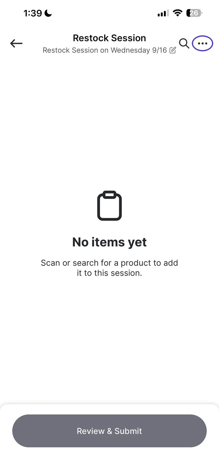 Open restock session screen with the more options icon highlighted in the top right corner
