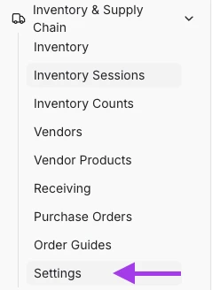 Back Office Inventory & Supply Chain sidebar with Settings highlighted