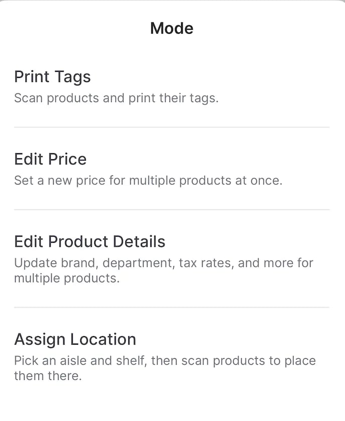 The Bulk Actions Mode selector on VoriOS, showing the Print Tags, Edit Price, Edit Product Details, and Assign Location options
