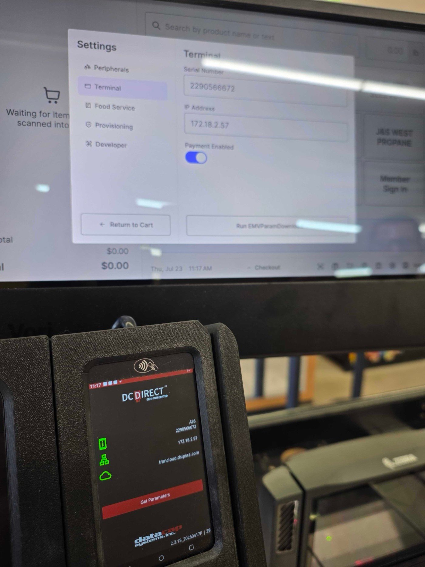 The IP Address on the POS Terminal settings matches the IP address shown in the DC Direct app on the payment terminal