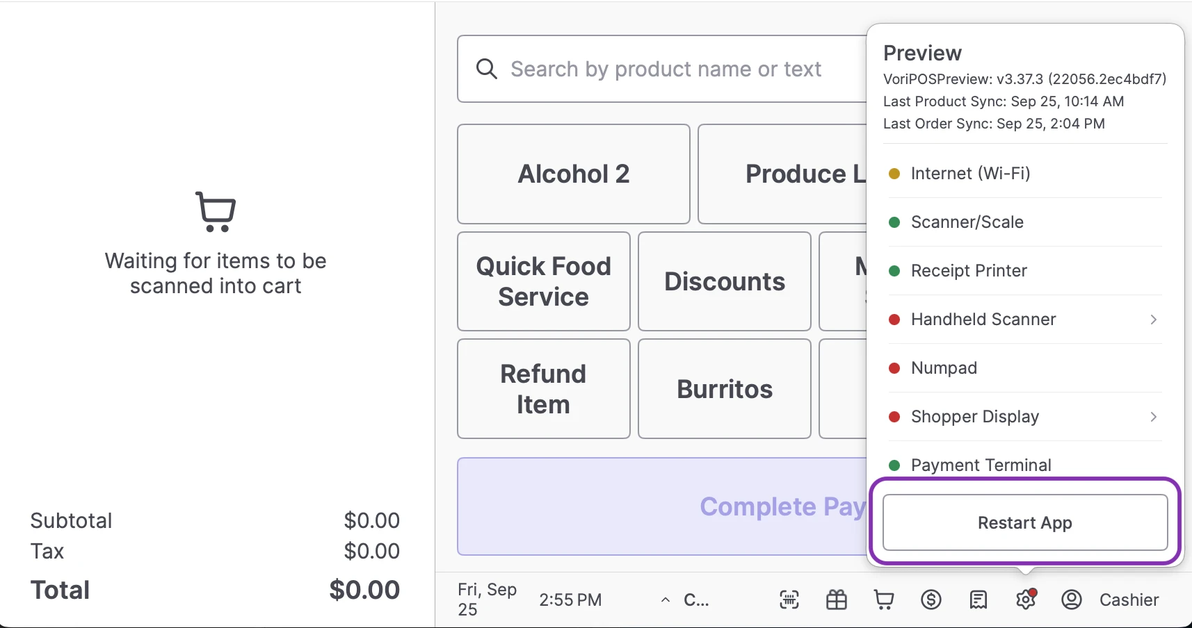 The Device Status menu open from the gear icon on the cashier screen, listing each device's connection status with the Restart App button highlighted at the bottom