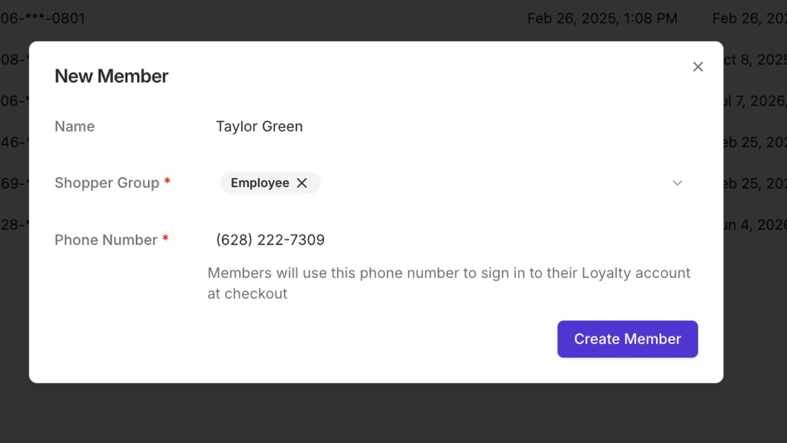 New Member modal in Back Office with Name, Shopper Group, and Phone Number fields, showing the Employee group selected