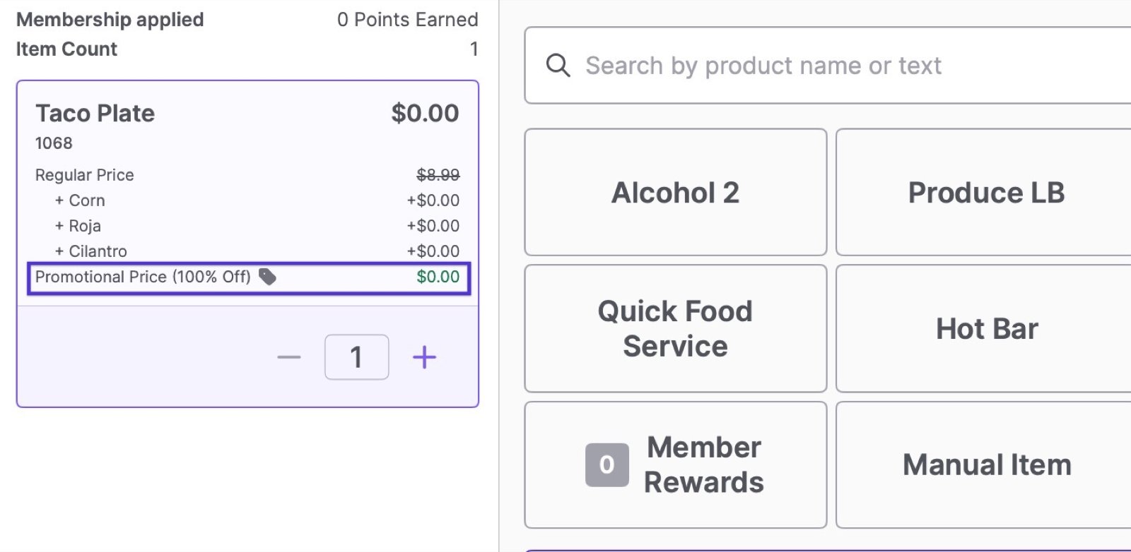 POS cart showing the Taco Plate with a Promotional Price (100% Off) line item