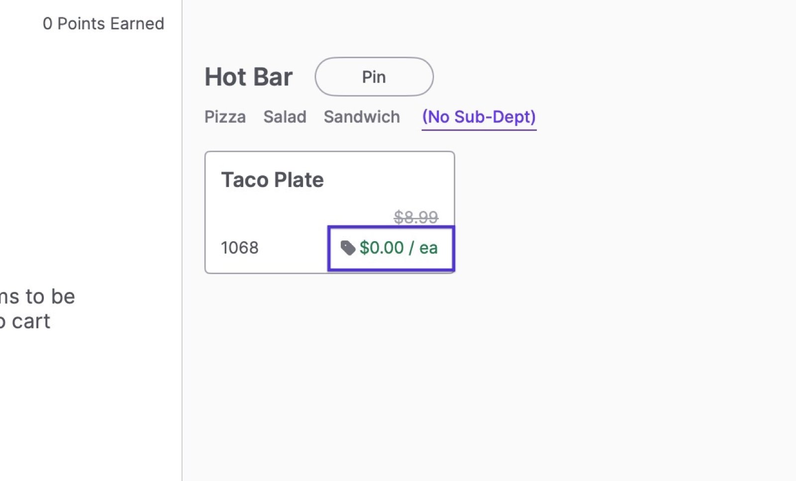 POS product catalog showing the Taco Plate with its regular price struck through and a discounted price tag