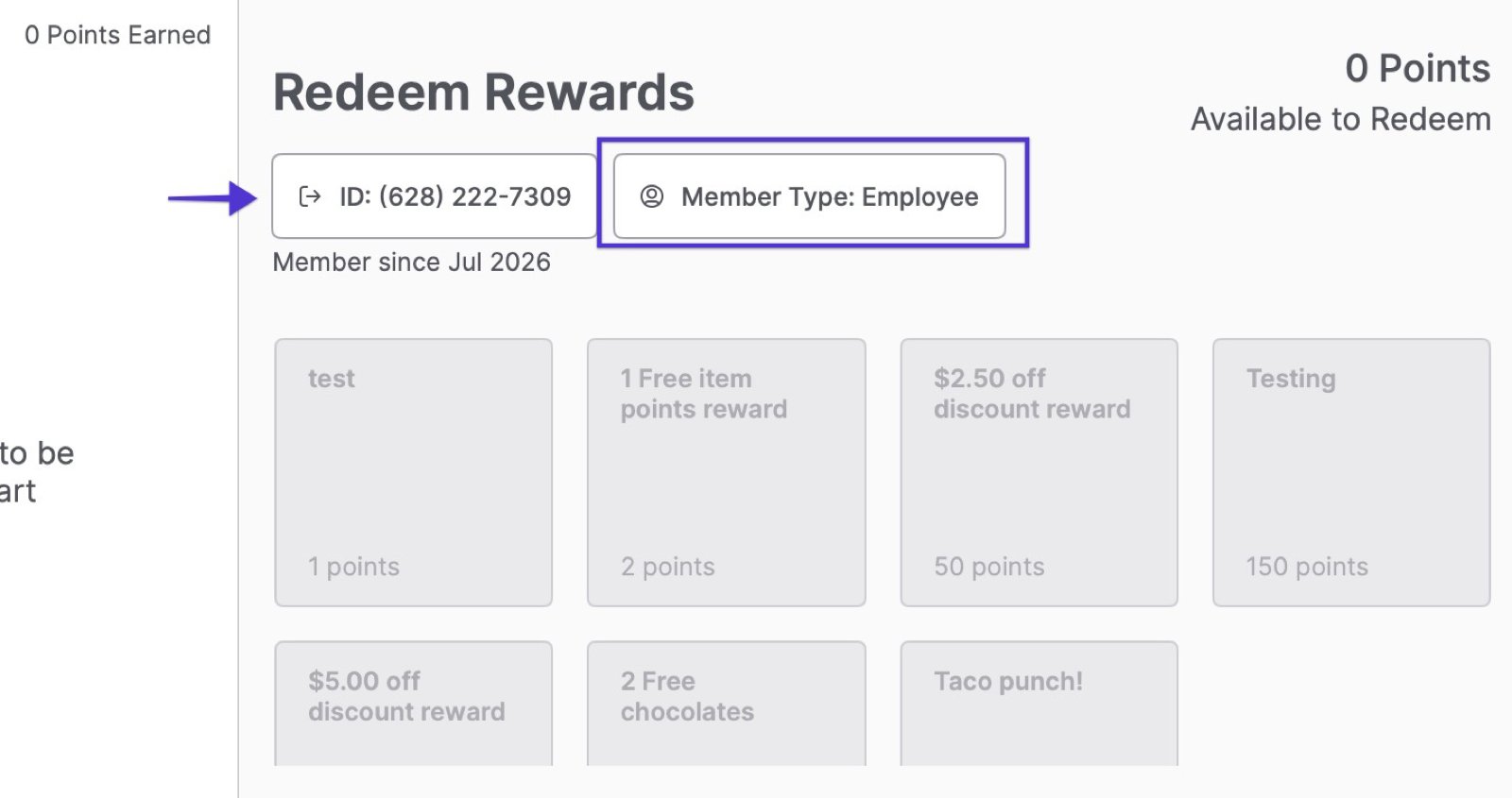 Redeem Rewards screen on the POS showing a shopper looked up by phone number, with Member Type: Employee highlighted