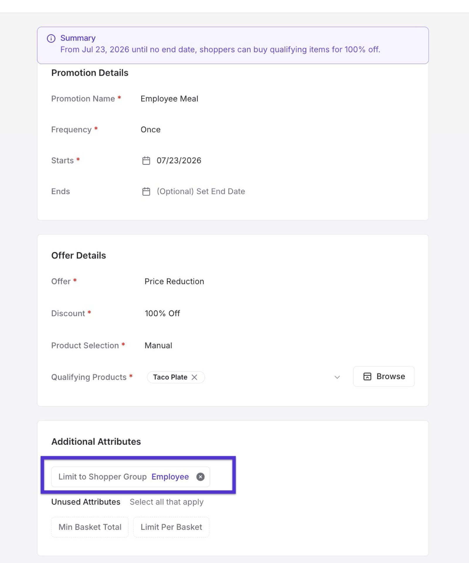 Promotion setup screen in Back Office with the Additional Attributes section highlighted, showing Limit to Shopper Group set to Employee