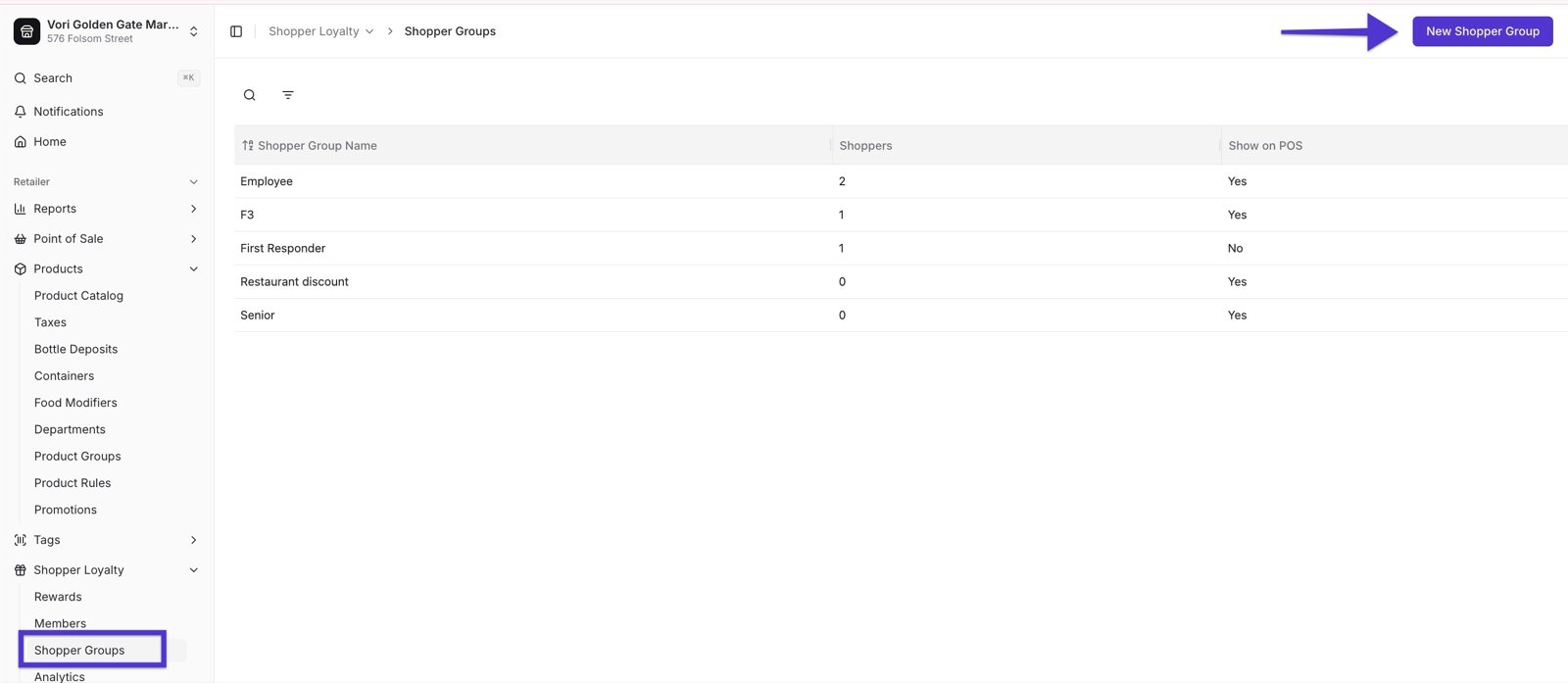 Shopper Groups list in Back Office showing group names, shopper counts, and Show on POS status, with an arrow pointing to the New Shopper Group button