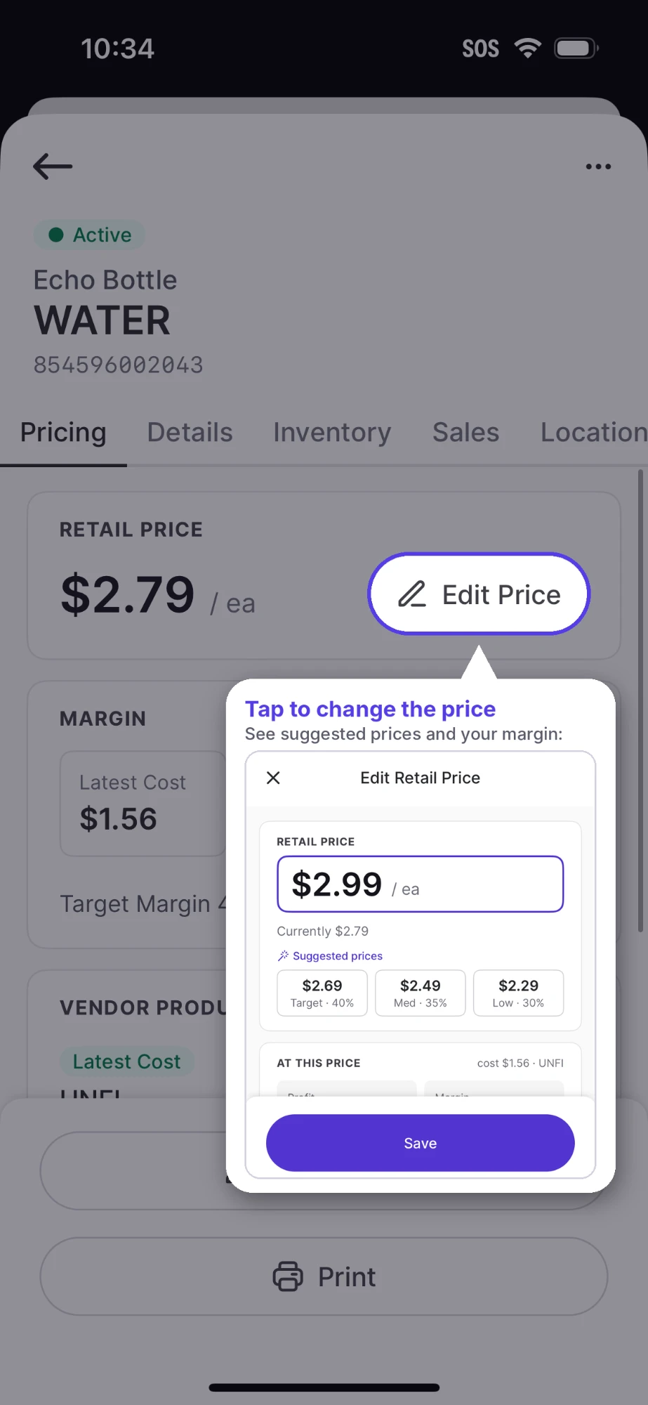 VoriOS product Pricing tab with the Edit Price button highlighted and the Edit Retail Price sheet showing suggested prices