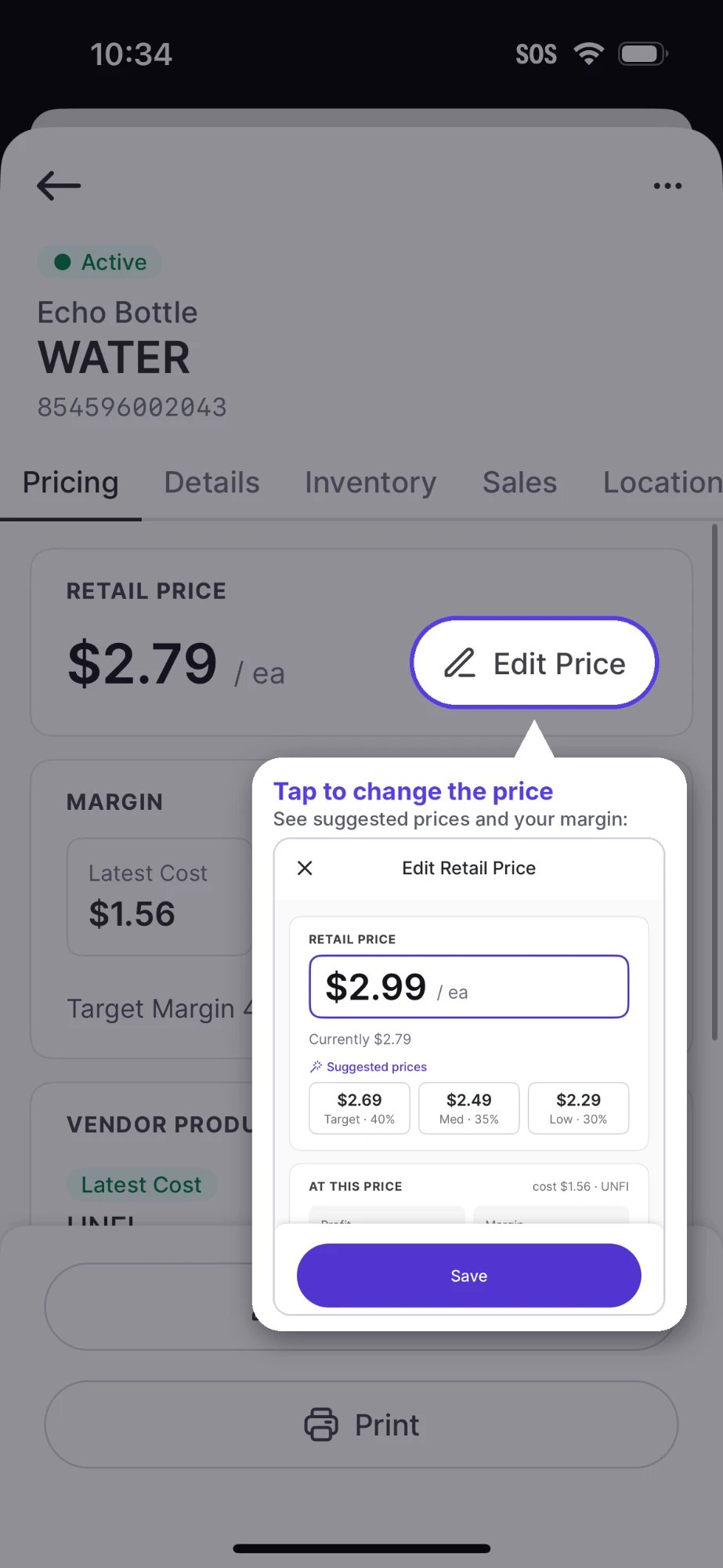 VoriOS product Pricing tab with the Edit Price button highlighted and the Edit Retail Price sheet showing suggested prices