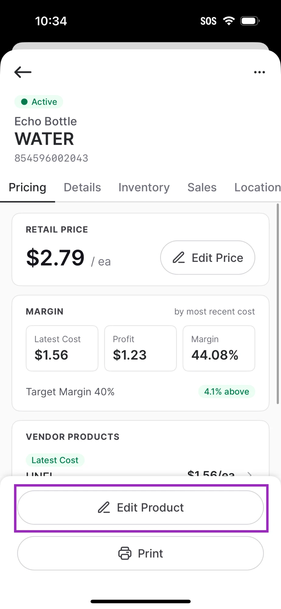 VoriOS product Pricing tab with the Edit Product button highlighted