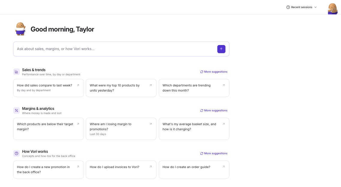 Back Office Home screen with a box to ask Chip a question and suggested questions grouped by Sales & trends, Margins & analytics, and How Vori works