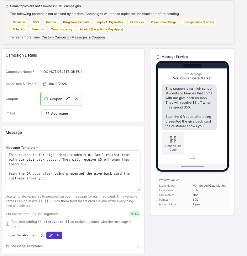 Custom campaign editor showing the campaign named "DO NOT DELETE OR PUBLISH" with a coupon attached and the message preview showing a QR code