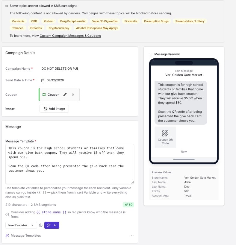 Custom campaign editor showing the campaign named "DO NOT DELETE OR PUBLISH" with a coupon attached and the message preview showing a QR code