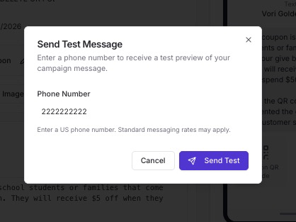 Send Test Message dialog for a custom campaign, with a field for a phone number