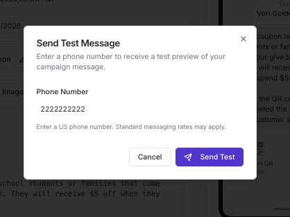 Send Test Message dialog for a custom campaign, with a field for a phone number