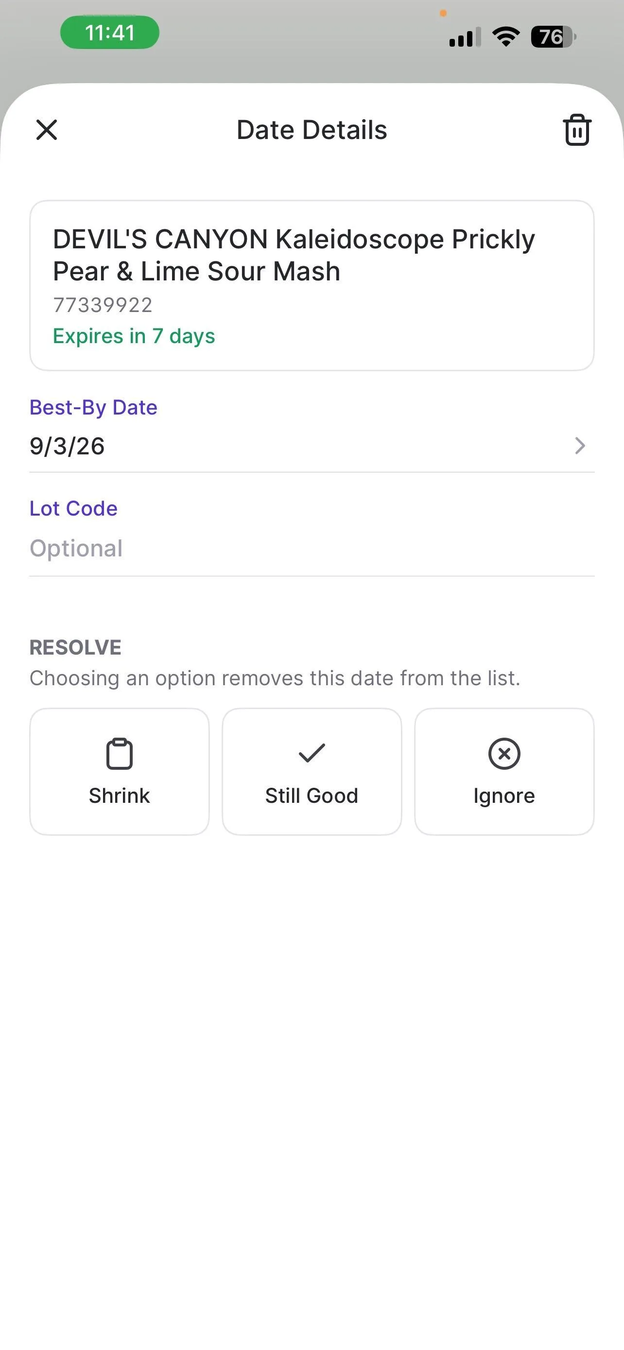 Date Details screen with Best-By Date, Lot Code, and Shrink, Still Good, and Ignore resolve buttons