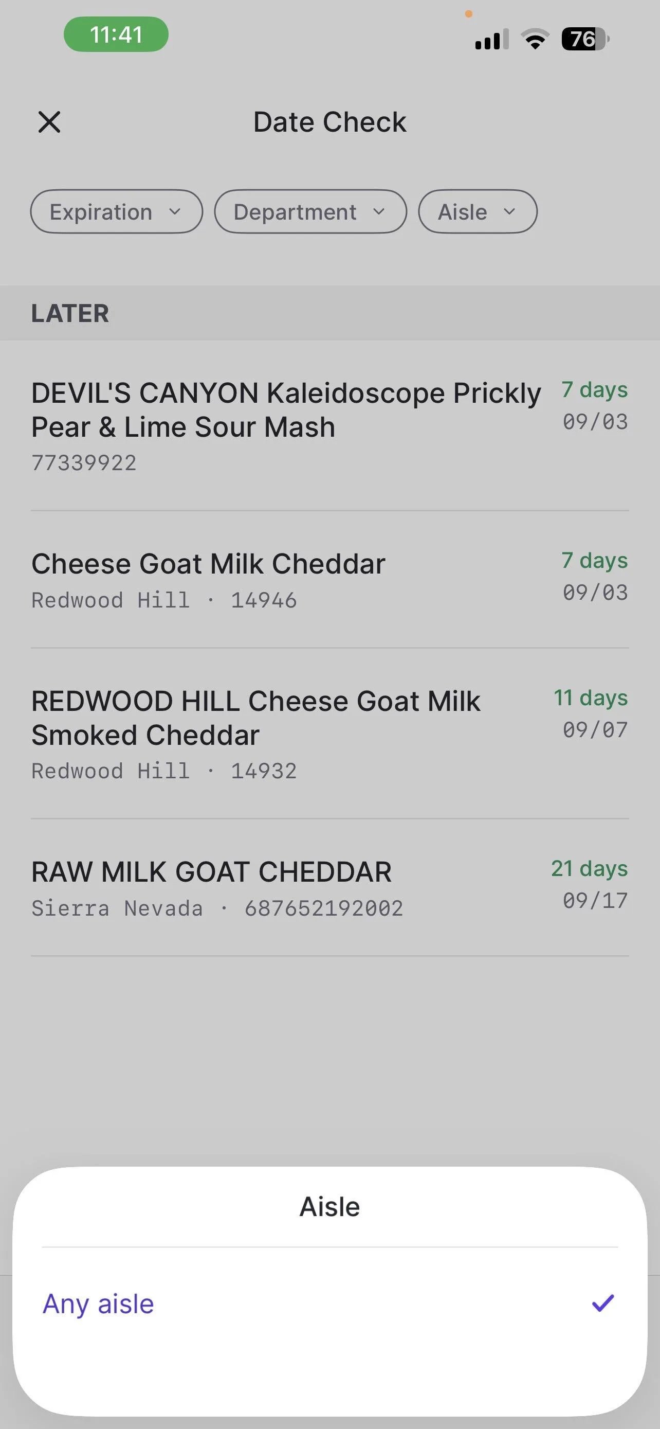 Aisle filter menu with an Any aisle option
