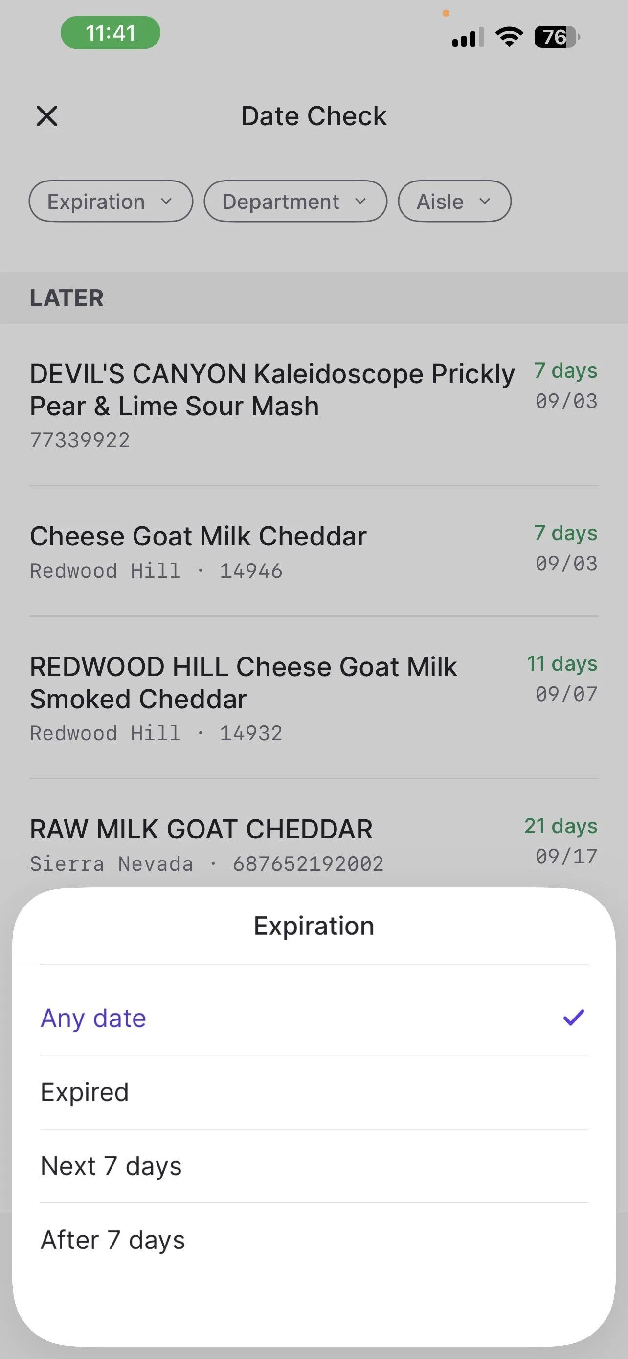 Expiration filter menu with Any date, Expired, Next 7 days, and After 7 days options