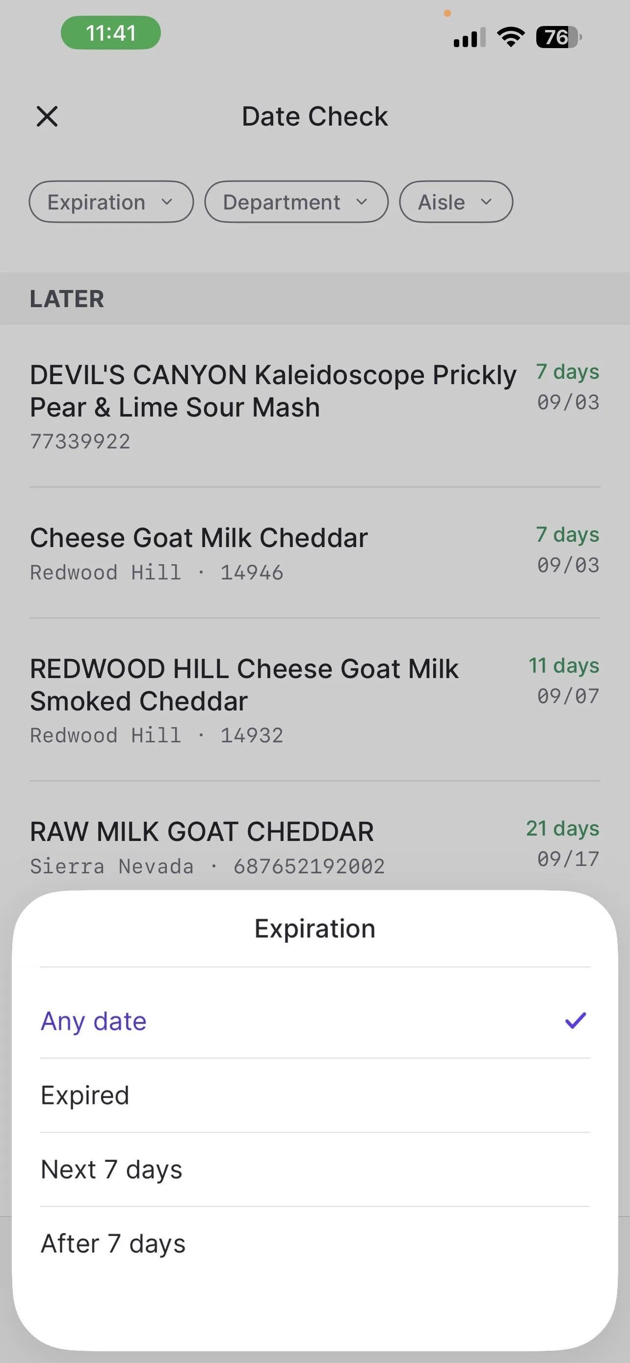 Expiration filter menu with Any date, Expired, Next 7 days, and After 7 days options