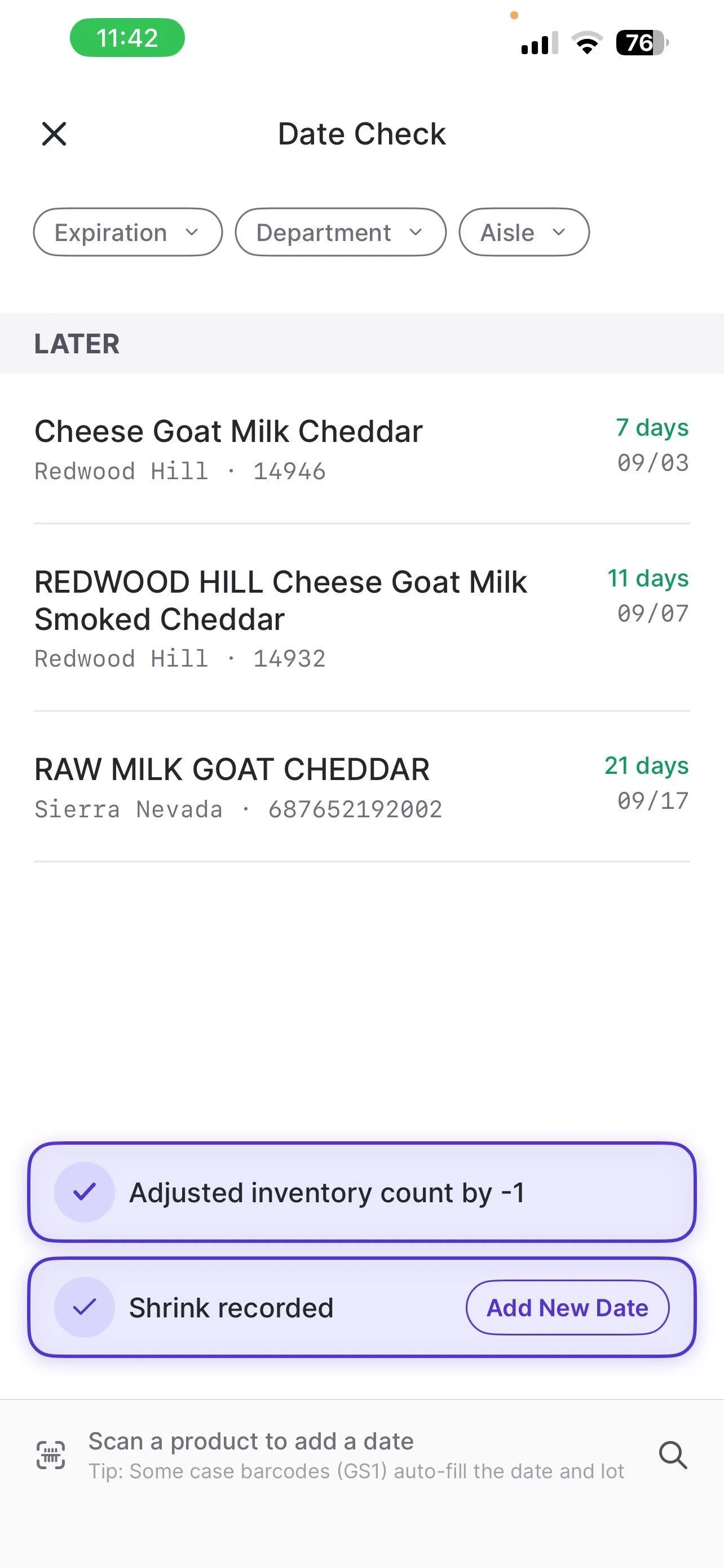 Date Check list with confirmation banners reading Adjusted inventory count by -1 and Shrink recorded, with an Add New Date button
