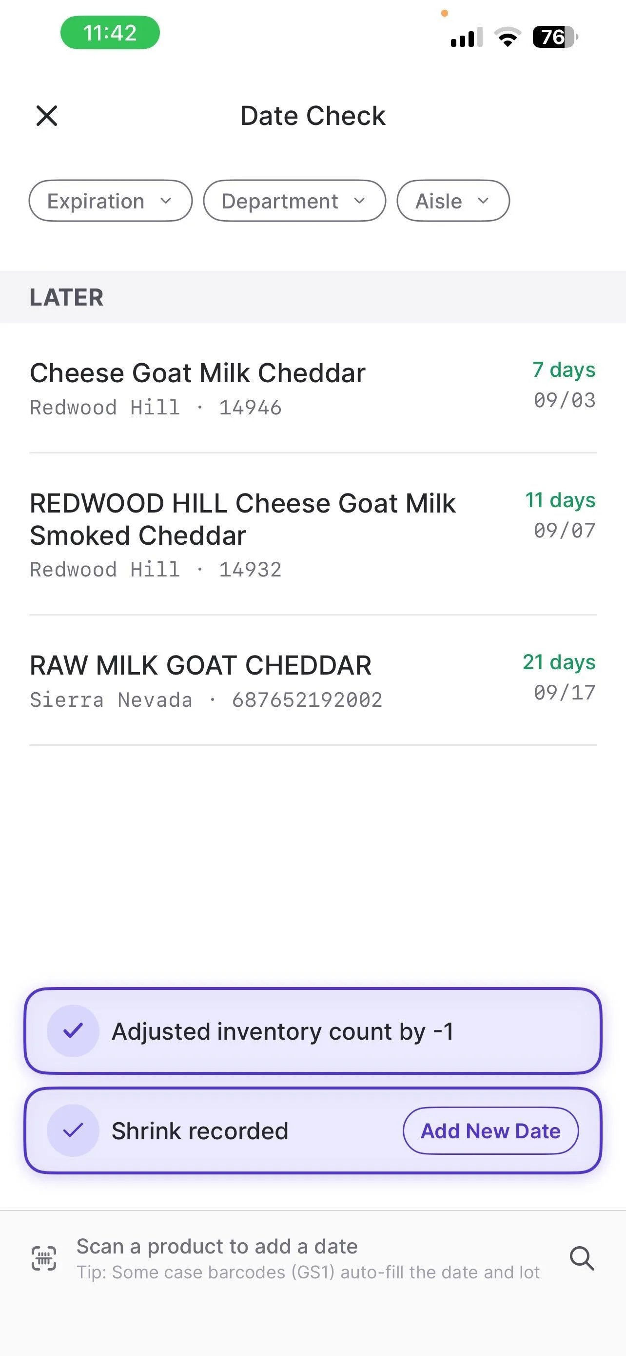 Date Check list with confirmation banners reading Adjusted inventory count by -1 and Shrink recorded, with an Add New Date button