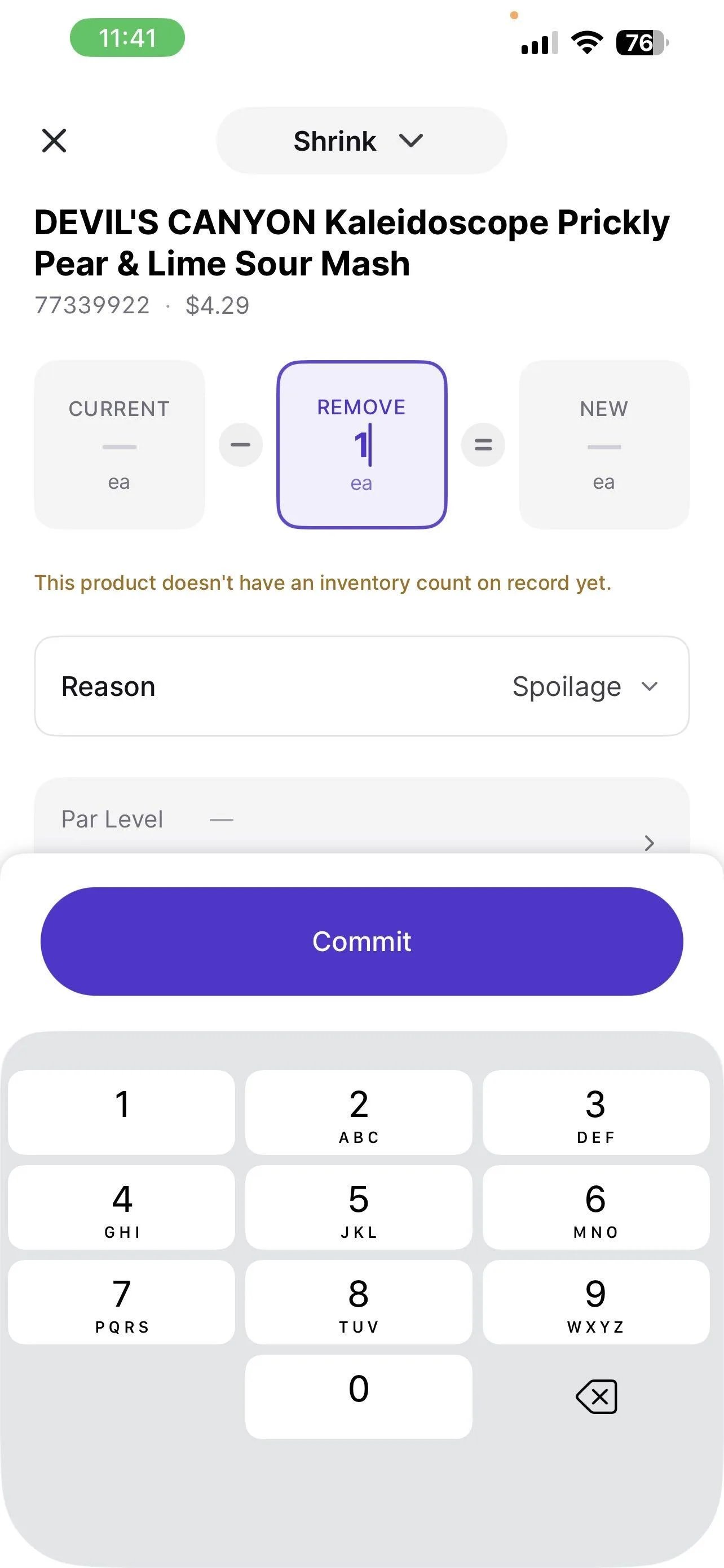 Shrink screen for a product with a quantity to remove, a Reason dropdown set to Spoilage, and a Commit button