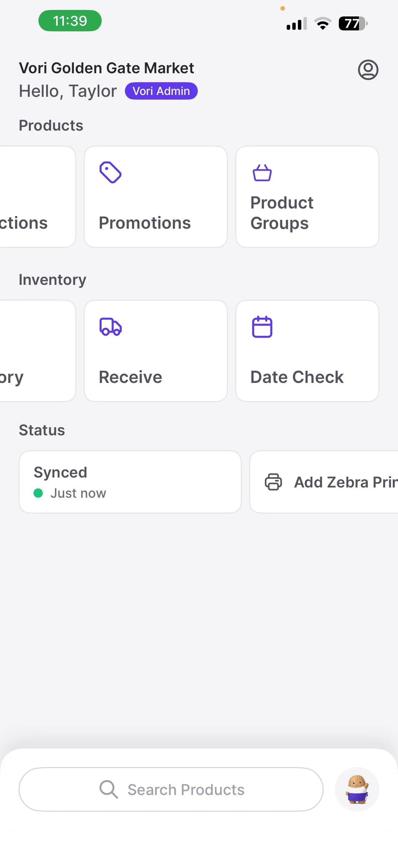 VoriOS home screen with a Date Check tile under Inventory