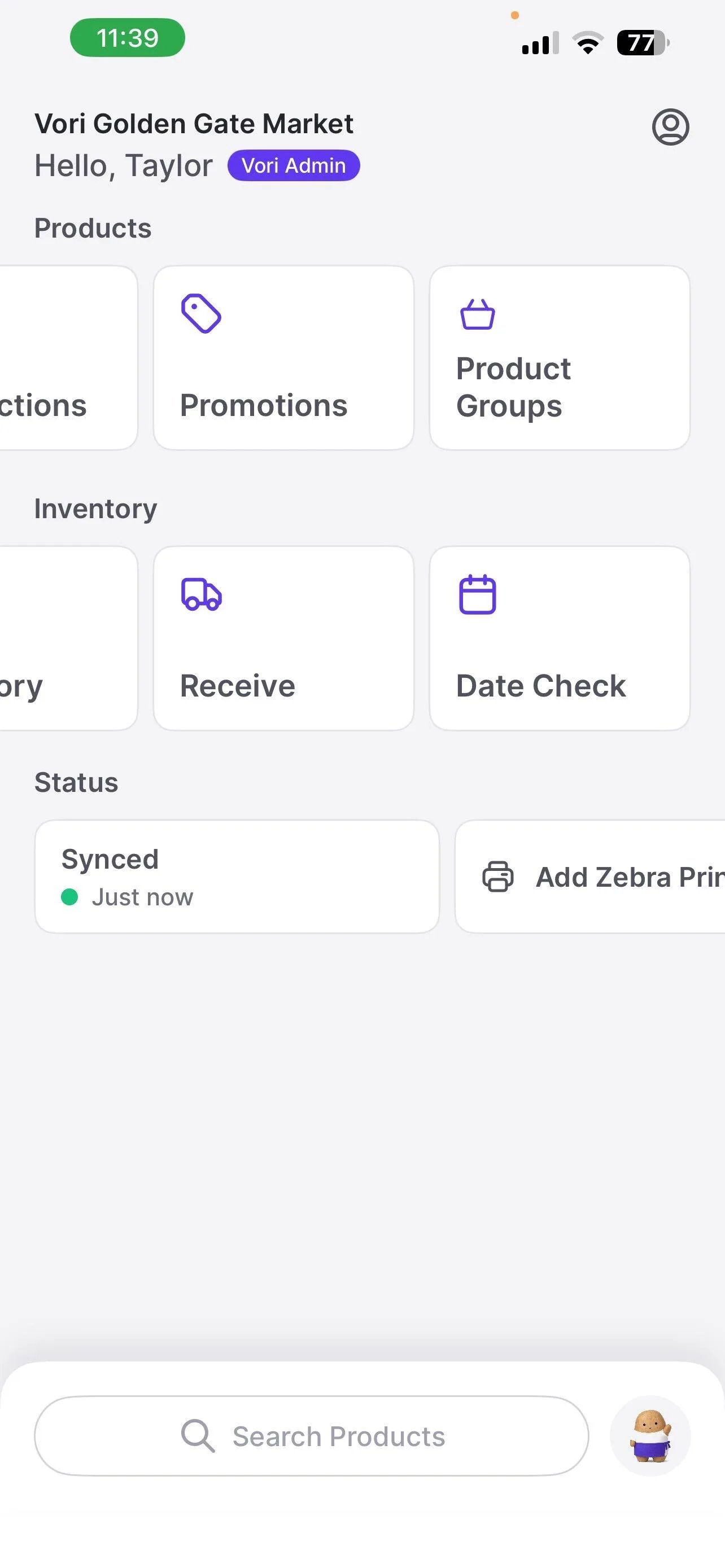 VoriOS home screen with a Date Check tile under Inventory