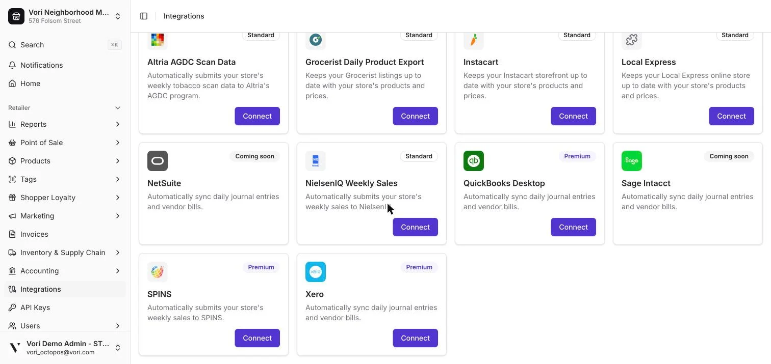 The Browse grid showing additional integrations like NetSuite, NielsenIQ Weekly Sales, QuickBooks Desktop, Sage Intacct, SPINS, and Xero