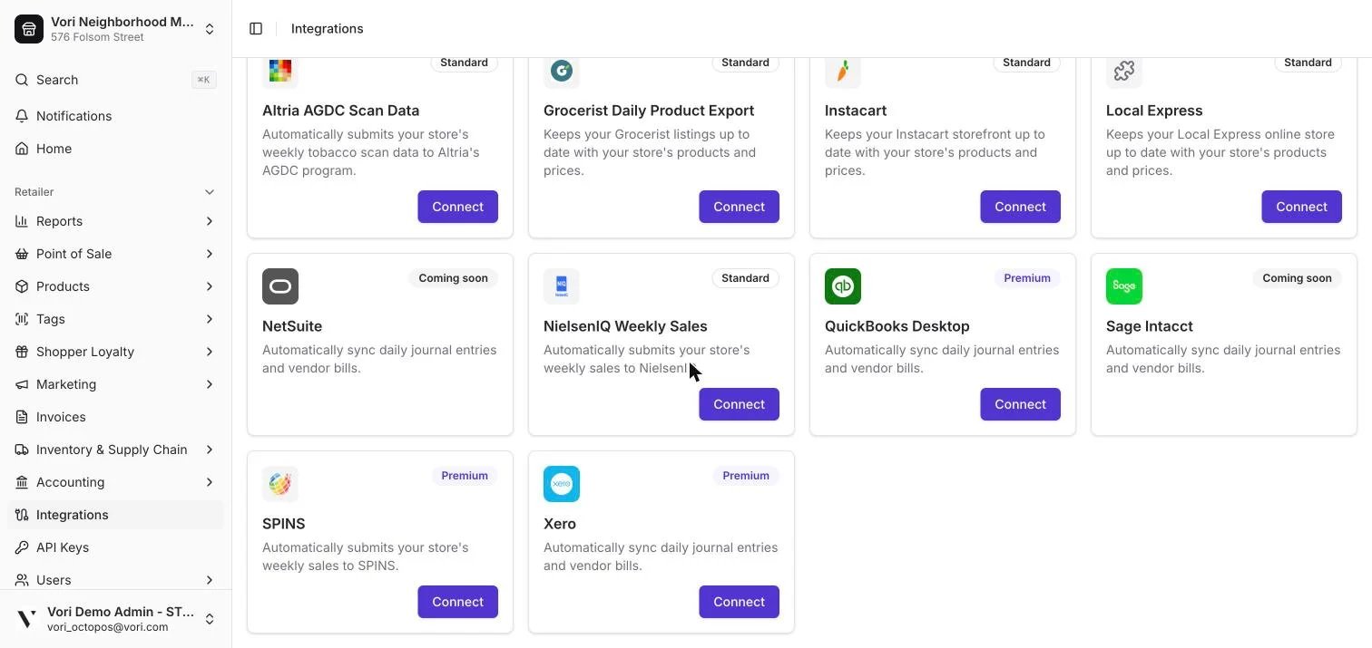 The Browse grid showing additional integrations like NetSuite, NielsenIQ Weekly Sales, QuickBooks Desktop, Sage Intacct, SPINS, and Xero