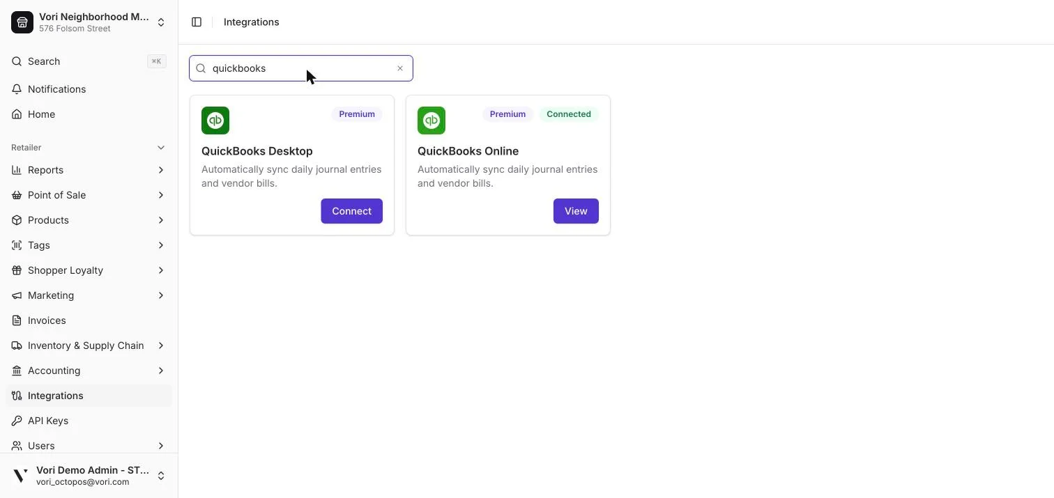 Searching "quickbooks" in the Integrations tab filters the Browse grid down to QuickBooks Desktop and QuickBooks Online