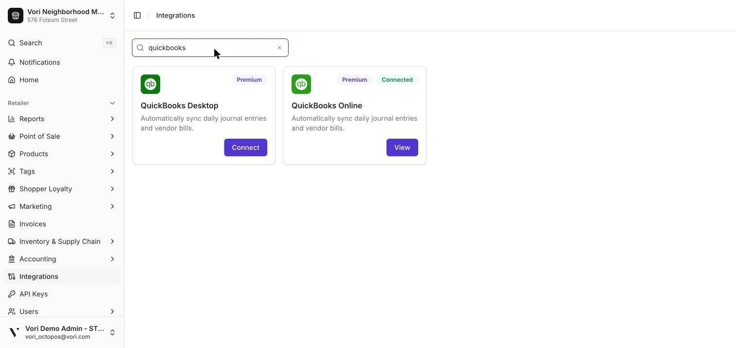Searching "quickbooks" in the Integrations tab filters the Browse grid down to QuickBooks Desktop and QuickBooks Online
